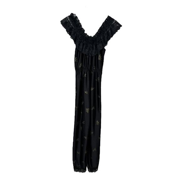 Vintage 70s Dolores For Poirette Black Sleepwear Jumpsuit Medium Lace Gold Satin - Picture 3 of 8